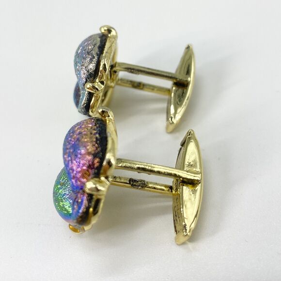 Vintage Unique Cufflinks Aurora Borealis Art Glass Iridescent Metallic Pat Pend - Picture 12 of 12